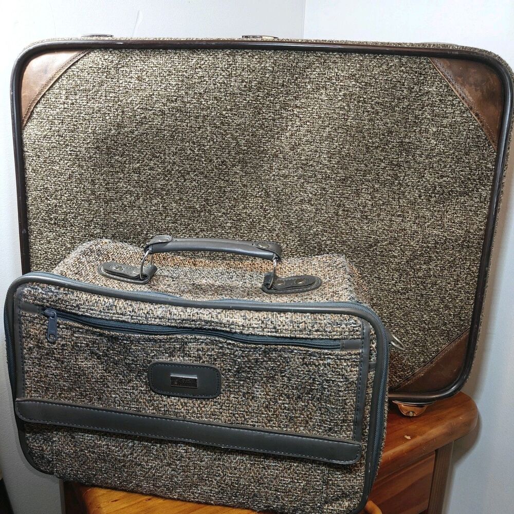 Vintage Skyway 18" Travel Bag Carry On + 26" Tweed Grey Leather Suitcase SET